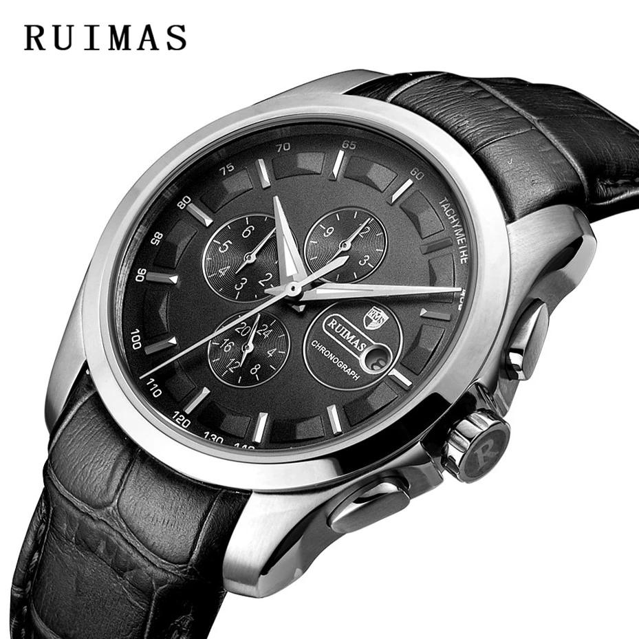 

RUIMAS Top Luxury Brand Cool Leather Waterproof Clock Men Sports Gold Relojes Para Hombre Round Popular Automatic Watch Gift