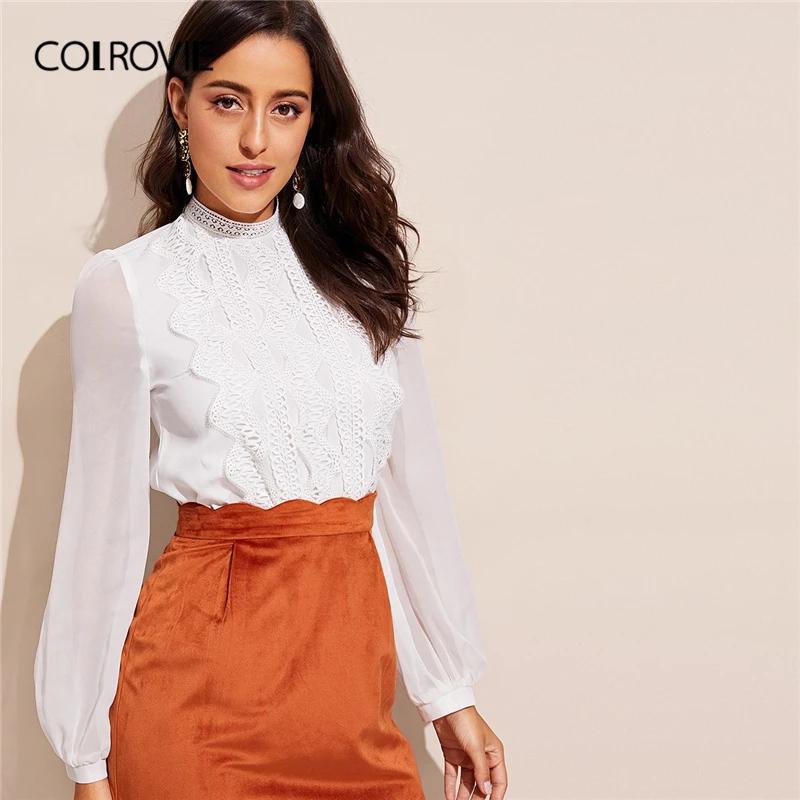 

COLROVIE White Stand Collar Lace Trim Bishop Long Sleeve Elegant Blouse Shirt Women 2019 Spring Workwear Office Ladies Tops