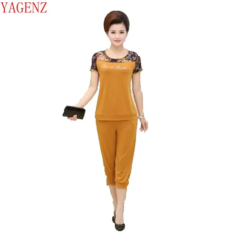 

Women clothing Middle-aged and old two-piece T-shirt easy leisure fashion women's clothing summer jacket + 7 minutes pants OK166