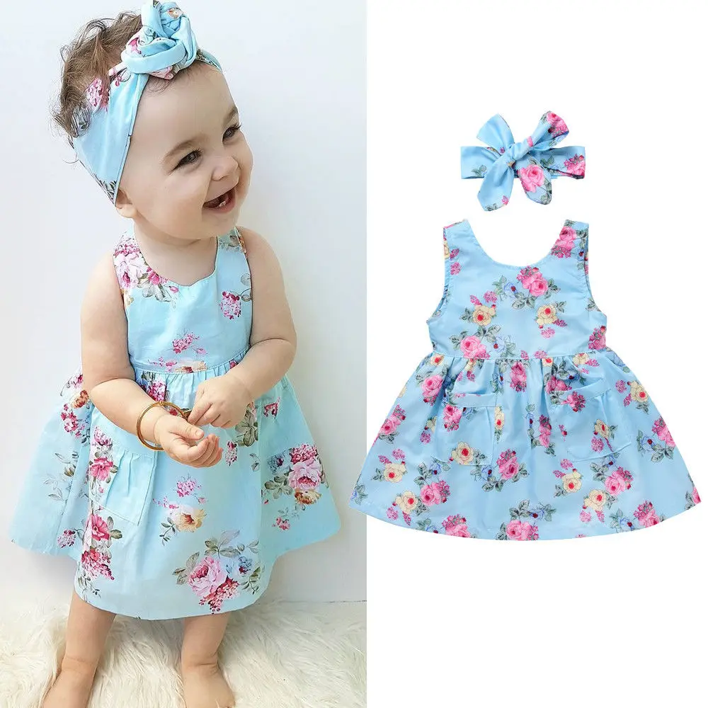 Cute Newborn Toddler Baby Girls Floral Cotton Pocket Zipper Dress