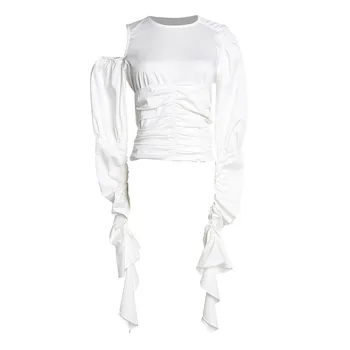 

Women Self-design White Chic Shirt New Fashion Long Puff Sleeve Tops Sexy Cold Shoulder Blouse Tops Retro Pleated Ruffled Blusa
