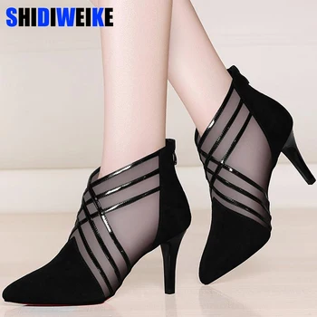 

2020 new arrived woman mesh ankle boots for women summer 10cm thin heels boots sandal ladies pointed toe shoes sandals sandalias