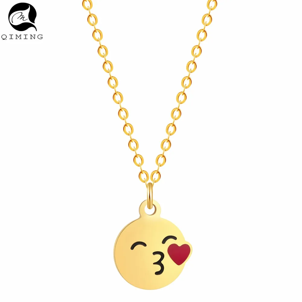 

QIMING Valentine's Day Emoji Pendant Friendship Necklace Women Love Kiss Heart Fashion Jewelry Long Necklace Baby Gift