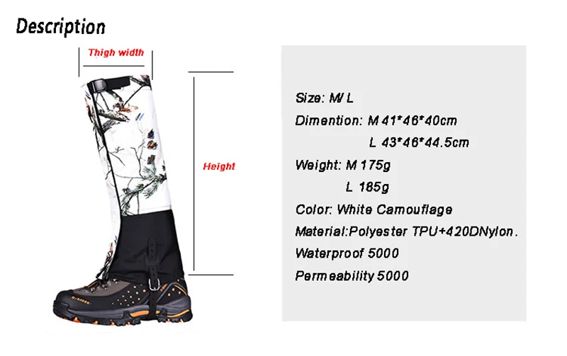 Защита для ног для альпинизма, камуфляжные гетры для ходьбы, снегоступы, кемпинга, альпинизма, пешего туризма, треккинга, Водонепроницаемые Гетры