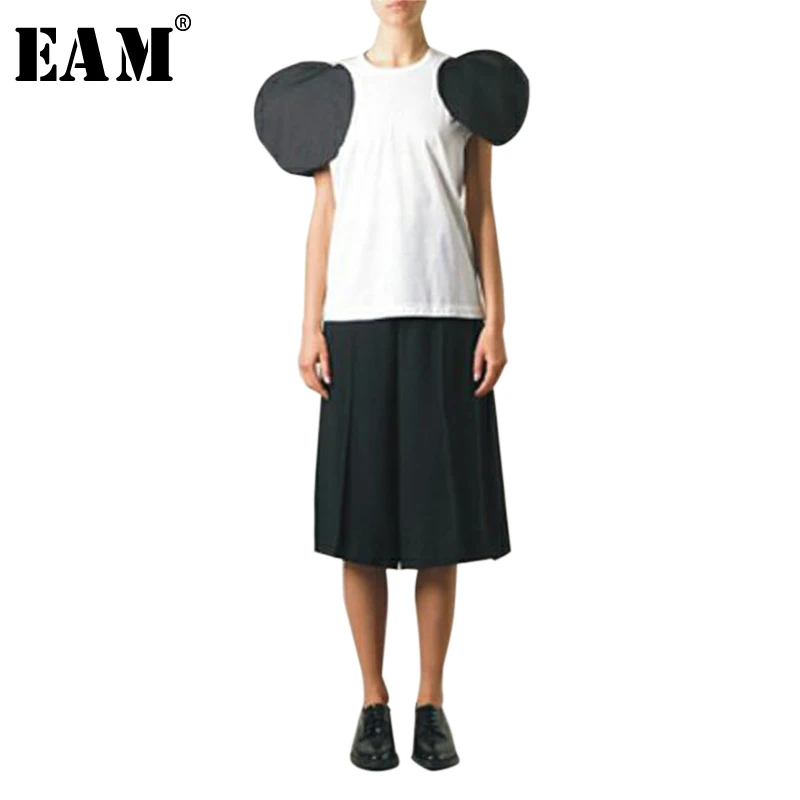 

[EAM] 2019 New Spring Summer Round Neck Short Sleeve Hit Color Split Joint Loose Big Size T-shirt Women Fashion Tide JW603