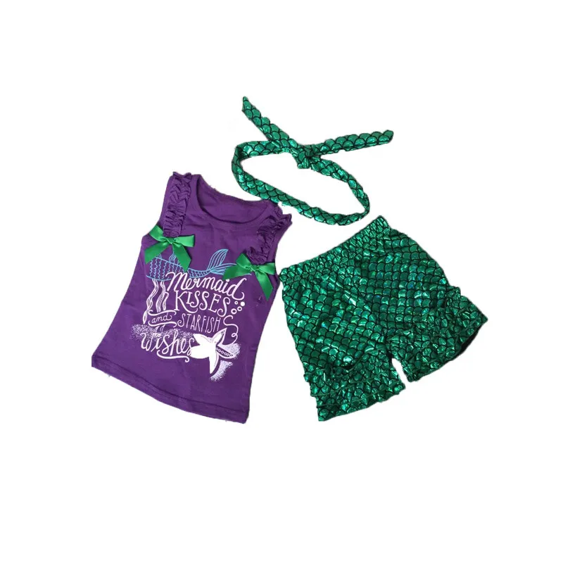 

Retail Baby Clothes Mermaid Girls Clothing Set Letter Printed Top Ruffle Shorts Baby Girls Clothing 3pcs Mermaid Toddler Set