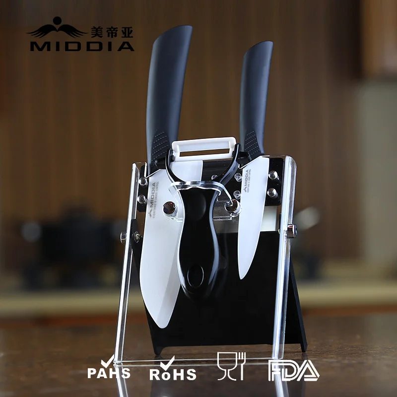 Middia 4pcs ceramic knife set with foldable block,ceramic paring knife+utility knife+peeler