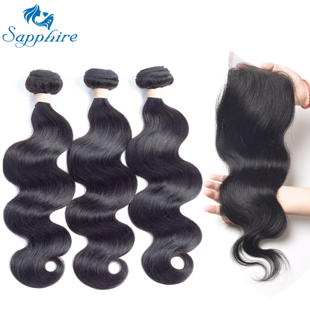 Sapphire Body Wave With Lace Closure 3 Bundles Brazilian Body Wave Remy Hair With Closure 100% Human Hair Weave For Hair Salon brazilian-body-wave-hair-bundles-with-closure