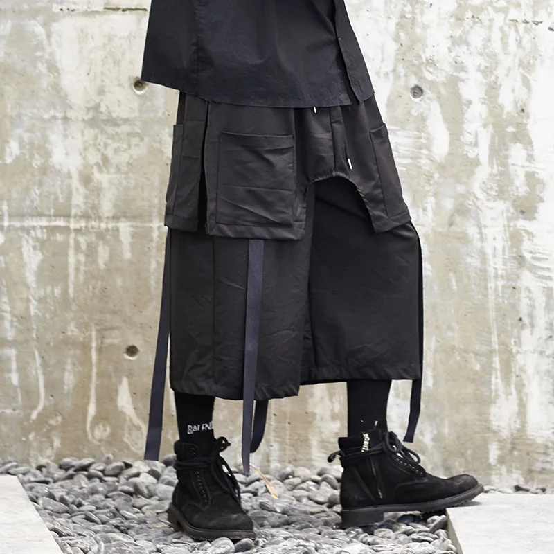 

Male Loose Casual Wide Leg Pants Punk Gothic Hip Hop Ribbon Harem Trousers Men Japan Style Streetwear Kimono Skirt Pant
