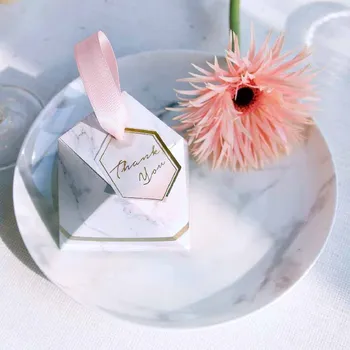 

50pcs+50 ribbon+50 Thank you cardSimple marble wedding diamond wedding gift box with gift box Handy fresh and natural candy box