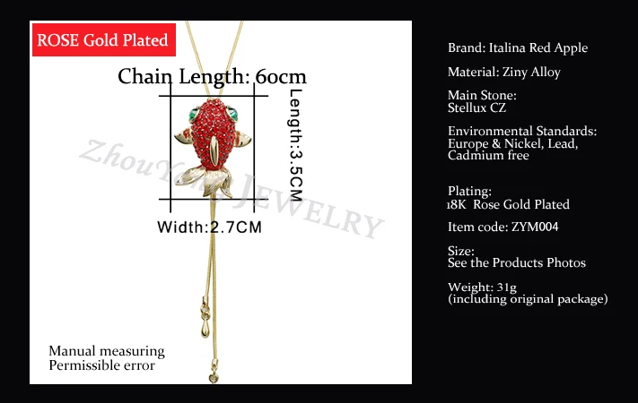 ZYM004 Красный Кристалл Золотая рыбка свитер цепи розовое золото цвет кулон ожерелье австрийский кристалл