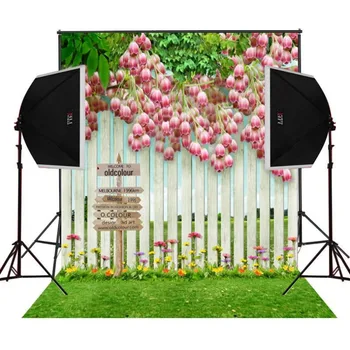

Pink Flower Leaves Fence Grass Photography Backgrounds Vinyl cloth High quality Computer print wood backdrop