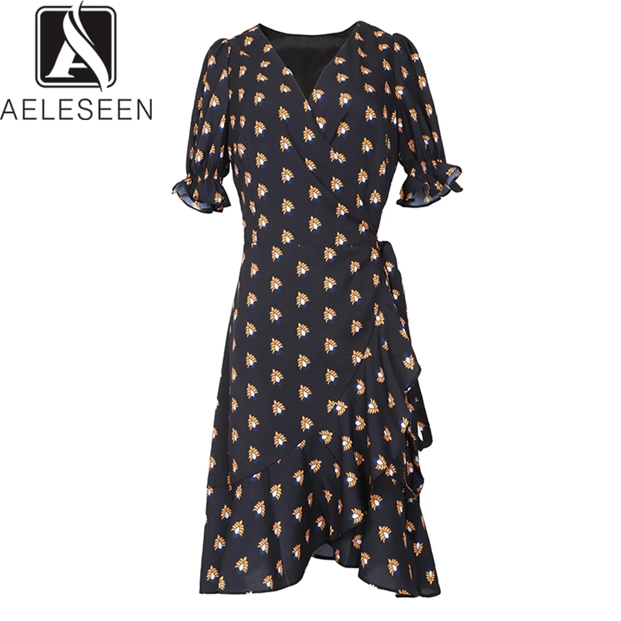 

AELESEEN Vintage Style 2019 Summer Dresses Women Elegant Petal Sleeve V-neck Asymmetric mermaid Print Mini Dress With Sashes