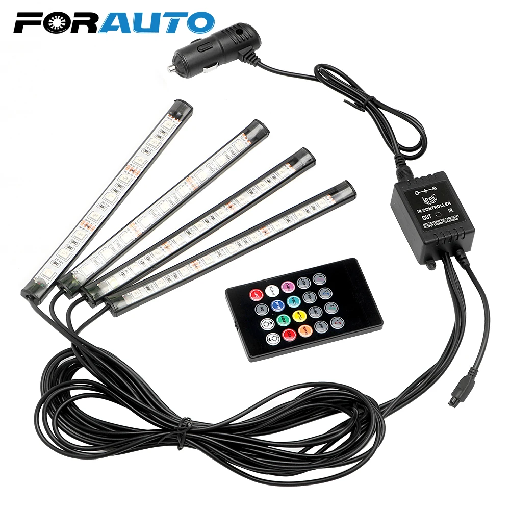 

FORAUTO 4 in 1 RGBW Car Interior Decorative Light Sound Control Led Strip Light Auto Interior Lights 9 LED Car Atmosphere Lamp
