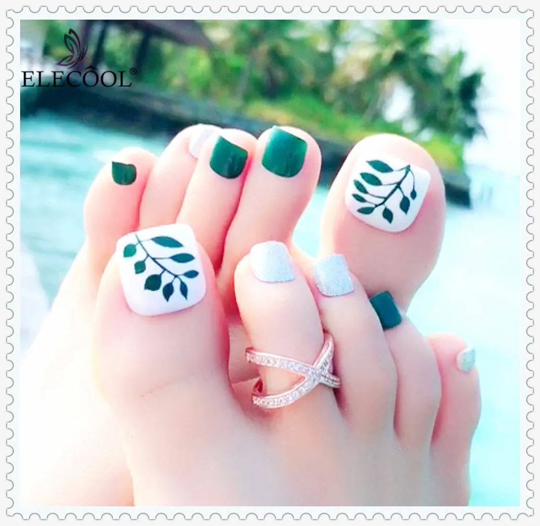 

ELECOOL New 24 Pcs Colorful Flower Heart Beach Pattern Summer Beauty Chic Toe for Foot Nail High Quality Foot False Nail