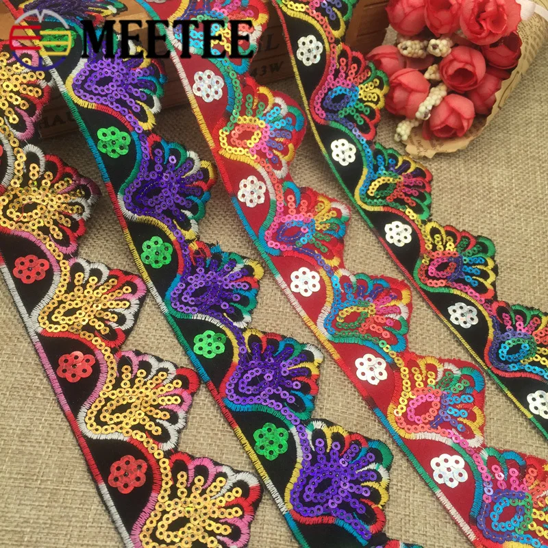 

Meetee 5yards 4.5cm Embroidered Ethnic Sequins Lace Ribbon DIY Stage Performances Craft Sewing Decor Clothing Accessories BD295