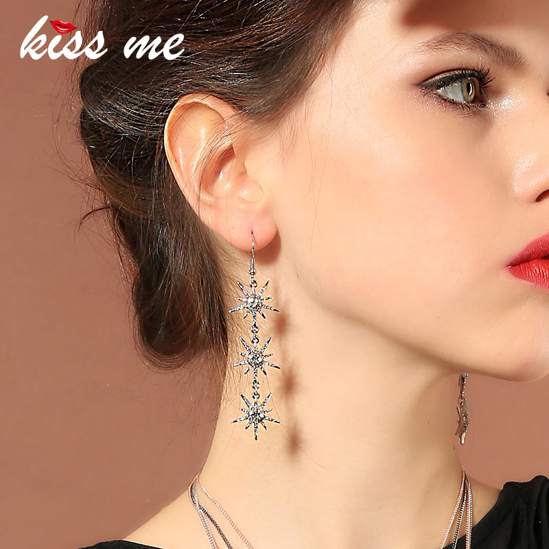 Женские длинные серьги подвески KISS ME прозрачные свадебные со звездочками