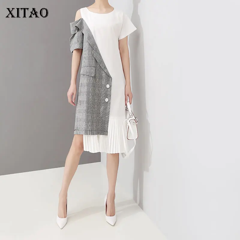 

XITAO Temperament Off Shoulder Irregular Dress Women Patchwork Button Casual O Neck 2019 Summer New Pocket Hit Color ZQ2267