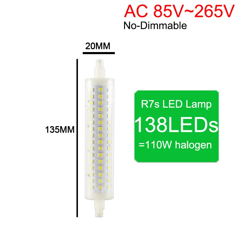 R7S J78 J118 J135 Светодиодная лампа с регулируемой яркостью Светодиодная лампа 78 мм 118 мм 189 мм заменить галогенные лампы 50 Вт 100 Вт Светодиодный прожектор светильник Точечный светильник AC 110V 220V - Испускаемый цвет: 138LEDs AC85v-265v