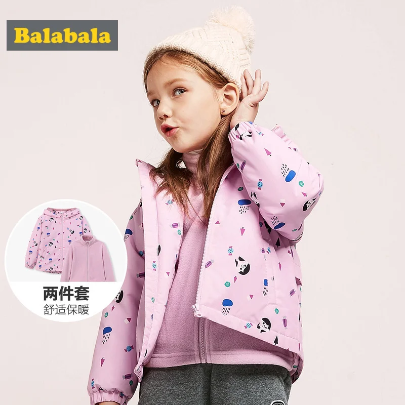 

Balabala Toddler Girl 2 in 1 Outdoor Jacket with Detachable Fleece Jacket with Stand-up Collar Kids Printed Jacket Windbrekear