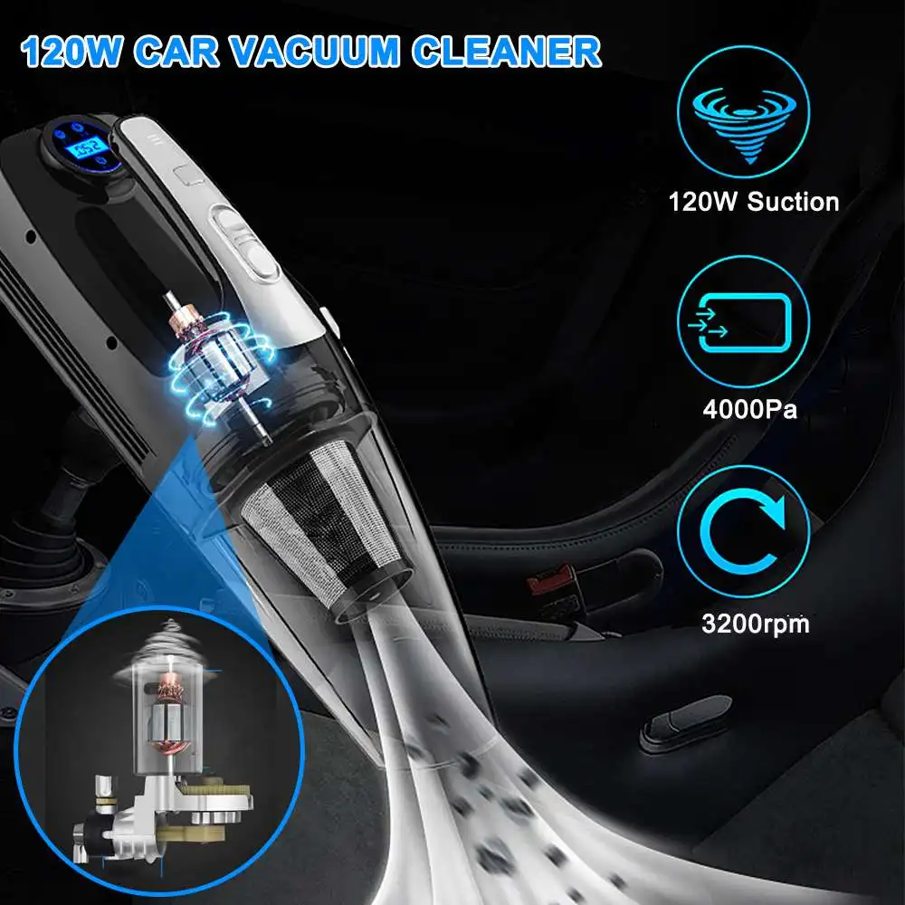 4-в-1 Автомобильный Ручной пылесос с цифровой шинный насос подкачки Давление датчик светодиодный светильник домашний робот-пылесос Авто