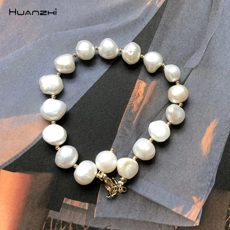 HUANZHI корейский натуральный пресноводный жемчуг металлический бисер украшения браслет для женщин девочек Свадьба пляж отдых браслет