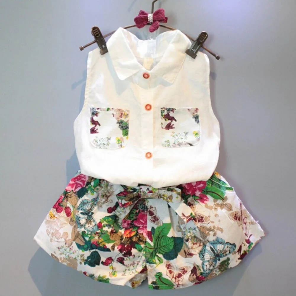 

Kids Set 2019 Girls Sleeveless Printed Shirt + Green Leaf Floral Shorts Set Toddler Girl Clothes Summer Roupas De Menina