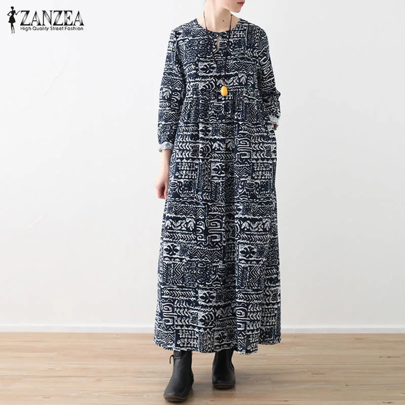 

ZANZEA Autumn 2019 Women Cotton Maxi Long Dress Long Sleeve Bohomian Pockets Elegant Vestidos Printed Dresses Plus Size Tunic
