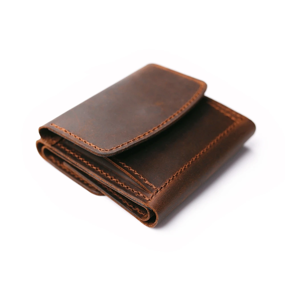 

Genuine Leather Mini Wallet Men Short Trifold Crazy Horse Leather Coin Pouch Small Handmade Retro Men Purse and Wallets