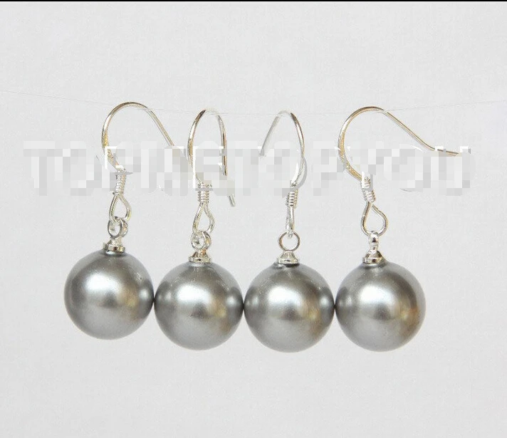 Free shipping Dangle 2 PCS 10mm gray south sea shell pearls Earrings E3481 -Bride jewelry free shipping