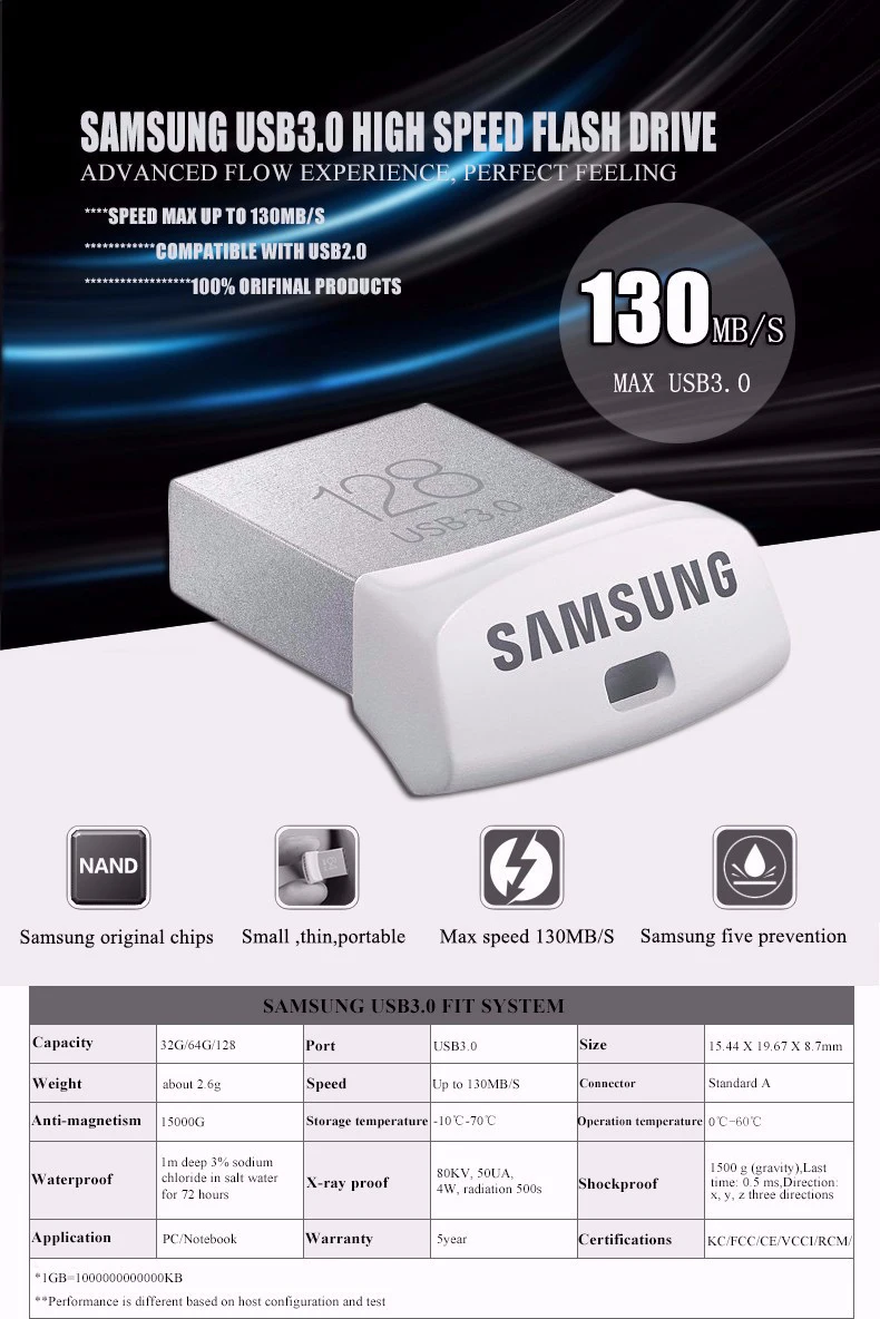 SAMSUNG USB3.0 подходит флэш-диск 130 МБ/с. 32 Гб 64 Гб 128 ГБ мини флеш-накопитель запоминающее устройство для u-диска для телефона PC флеш-накопитель объемом до 32GB