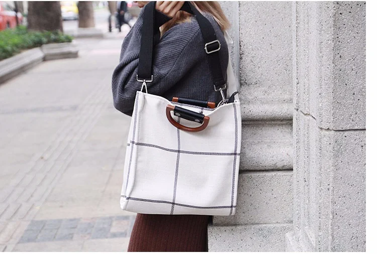 MJ Women Plaid Canvas Tote Casual Beach Bags Big Capacity Women Shopping Bag Daily Use Canvas Handbag Cotton Linen Shoulder Bag (16)