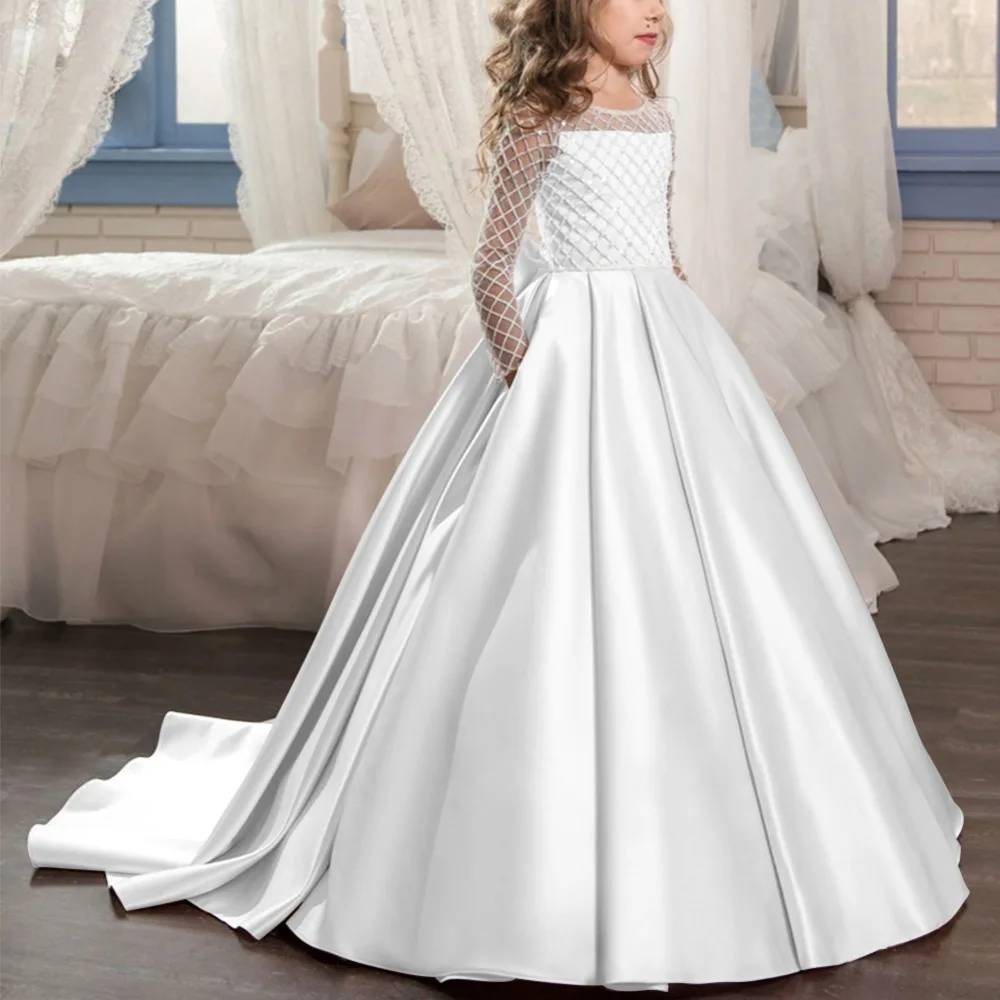 Flower Girl Dress Kids Lace Bow Pageant Wedding Bridesmaid Formal Trailing Gown