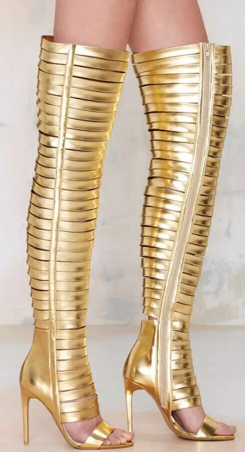 Sandalias Donna Estive Del Alto Banda Mujer Scarpe Gladiatore Oro Tacco Stretta Delle 2018 Donne Alti Sandali Ginocchio Sexy Tagliato qwBOF