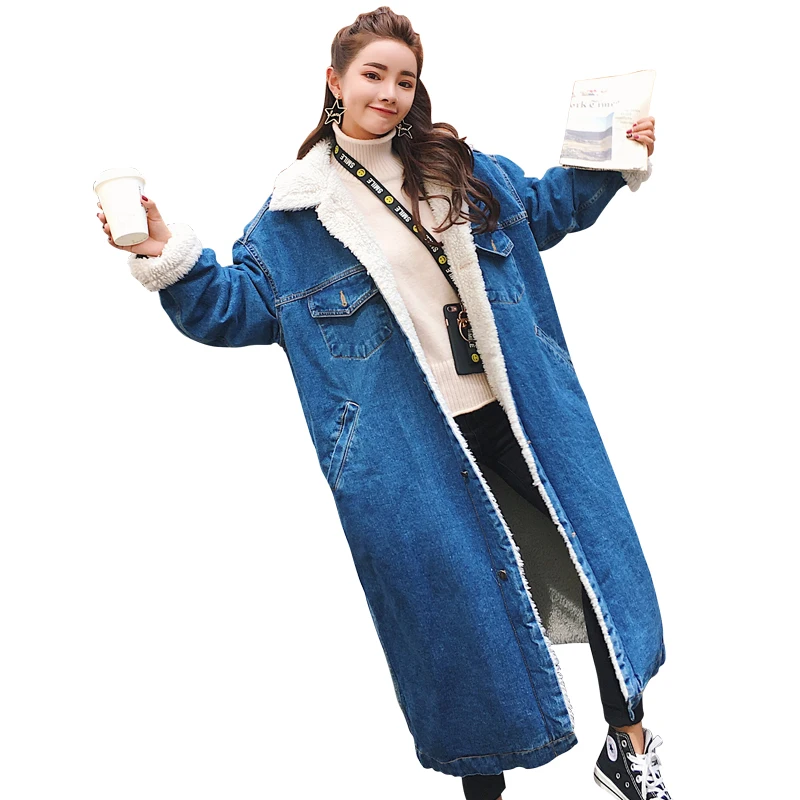 

Autumn Winter Women Hole Denim Jacket 2019 Women lambswool jean Coat Long Sleeve Female Coats Large Size Female
