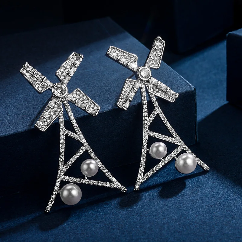 

Creative new iron tower windmill earrings personalized fashion Micro setting AAA zircon woman earrings