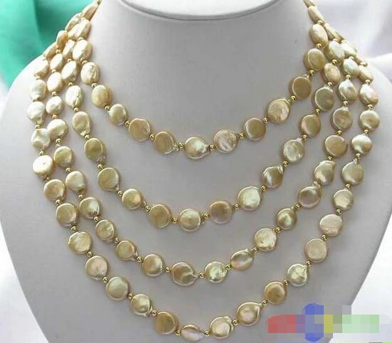 

HOT## Wholesale >>>> 50" 12MM GOLDEN COIN FRESHWATER CULTURED PEARL NECKLACE p1754