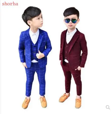 

Autumn New 3-piece set Kids Plaid Wedding Blazer Suit Brand Flower Boys Formal Tuxedos School Suit Kids Spring Clothing Set