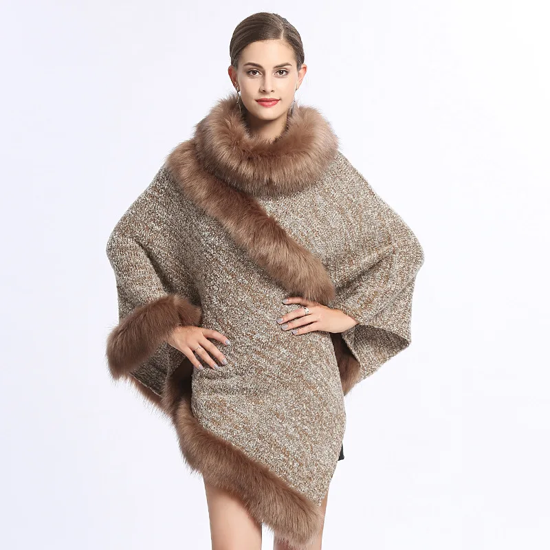 

SWONCO Fur Collar Women Cape Coat Pullover Winter Warm Cloak Cape Female Long Poncho Faux Rabbit Fur Cloak For Women Vest Capes