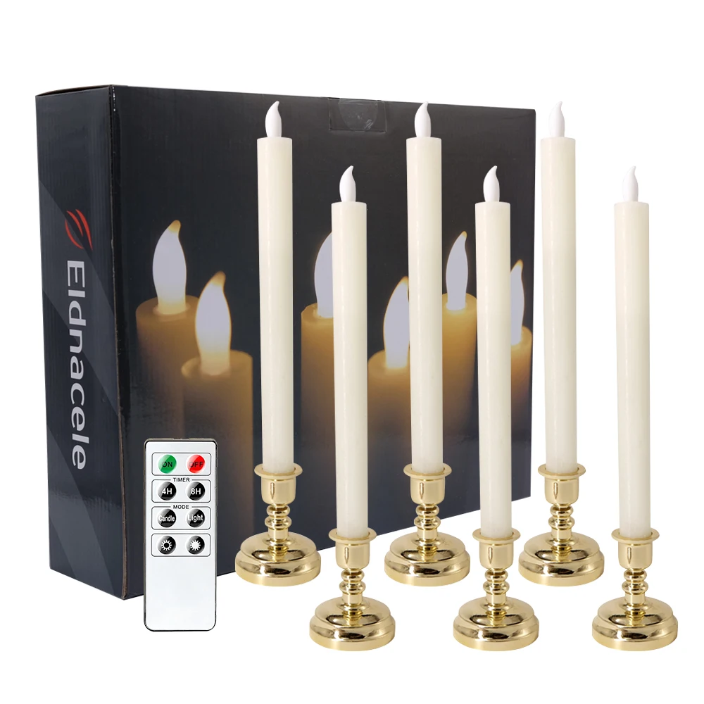 

Eldnacele Set of 6 Flameless Flickering Candles LED Window Taper Candles with Candle Holders with Timer and Remote Control