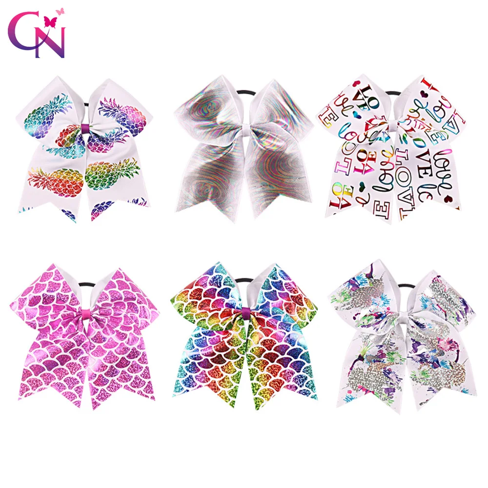 

6 Pieces/lot 7" Mermaid Cheer Bows With Elastic Hair Band For Girls Kids Metalic Pineapple Ponytail Hair Bows Hair Accessories