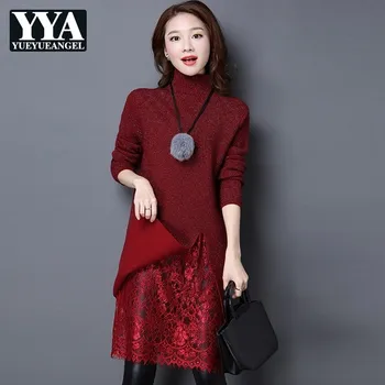 

Women Turtleneck Sweater Pullovers Knitted Fashion Lace Spliced Slim Fit Long Sweater Dress Winter Woman Knitting Warm Tops