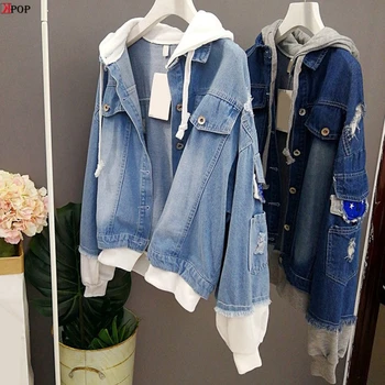 

Lil Peep Autumn Casual Hooded Denim Jacket Women Fake Two Pieces Boyfriend Trends Jean Pockets Loose Jackets Jeans Coat Female