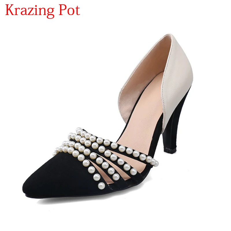 

2018 Superstar Genuine Leather Mixed Colors High Heels Pearl Decoration Shallow Women Pumps Pointed Toe Brand Wedding Shoes L04