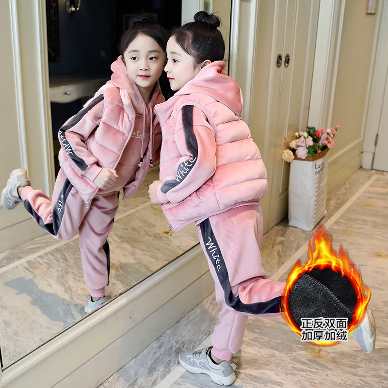 

Girls Winter Clothes Set Kids Quilted Vest Thicken Velvet Hoodies Pants Children 3PCS Clothes Suit Thanksgiving Christmas Outfit