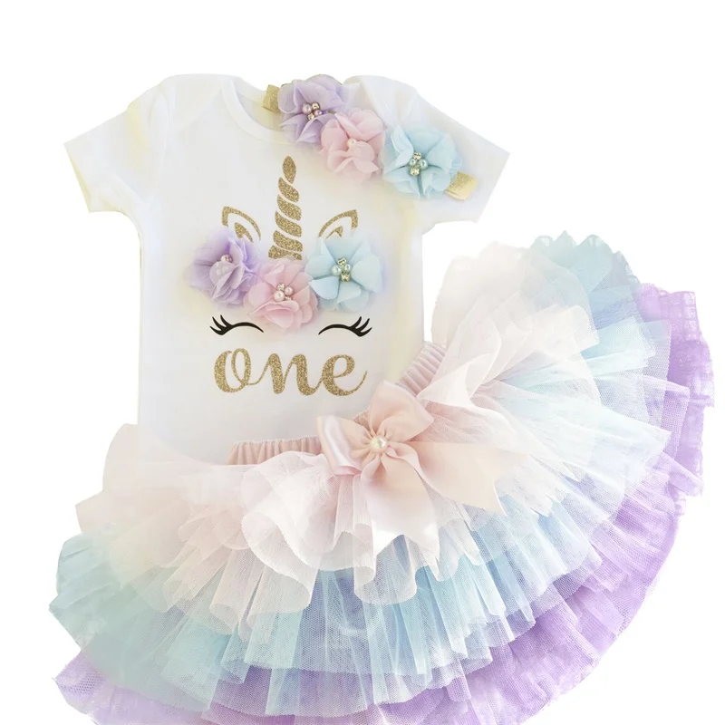 Платье-пачка для дня рождения для маленьких девочек 1 год+ повязка на голову, одежда принцессы для новорожденных платье на первое крестины, платье с единорогом для малышей