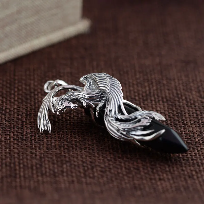 Koop FNJ 925 Zilveren Phoenix Hanger 100% Puur S925 Solid Thai Zilver Natuurlijke Zwarte Steen Hangers voor Vrouwen Mannen Sieraden Maken