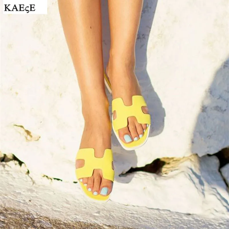 

Real Leather Sandalias Mujer Hot Selling Brown Green White Slides Women Slip On Slippers Flats Casual Shoes Beach Sandals W