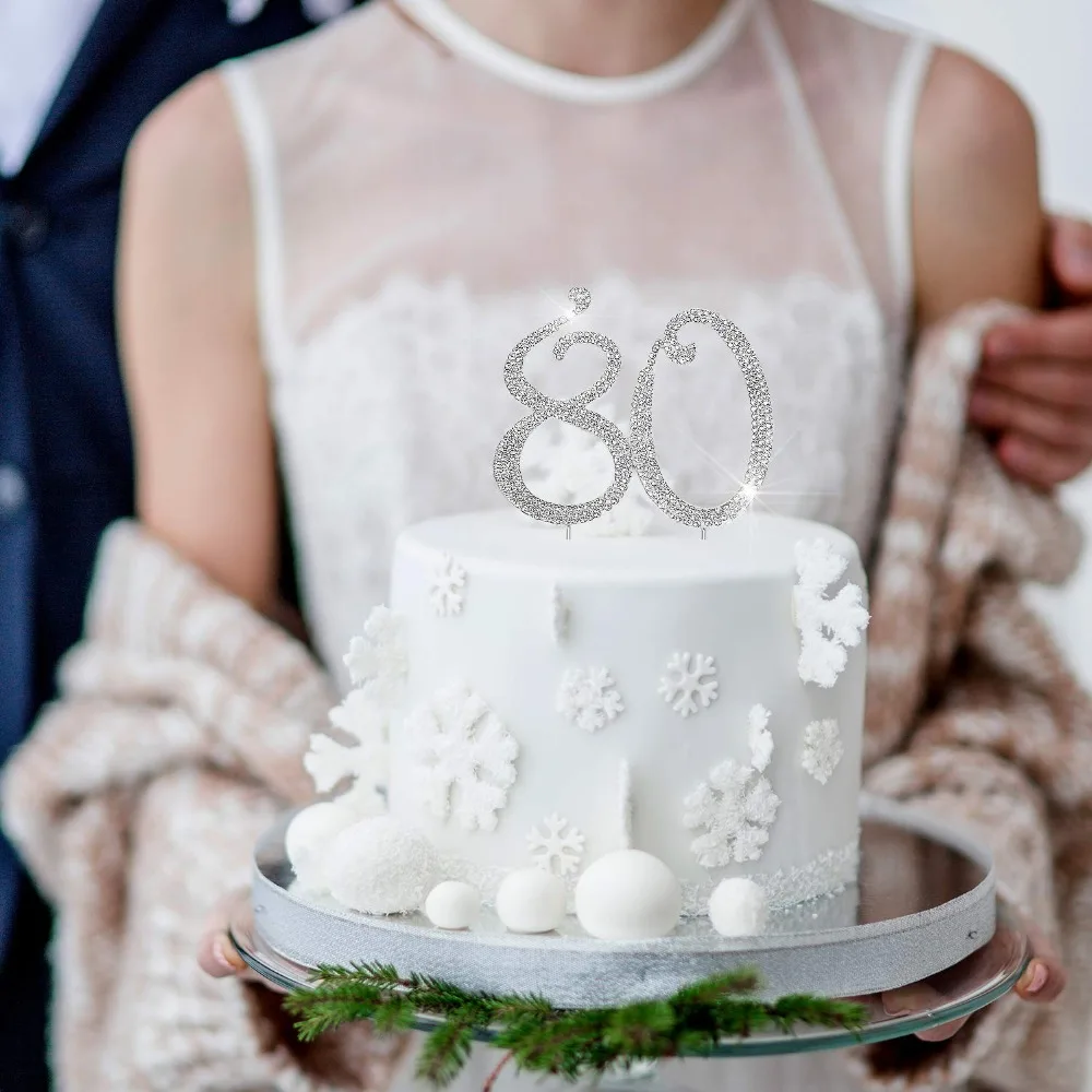80 Rhinestone Cake Topper  Premium Sparkly Crystal Diamond Gems  80th Birthday or Anniversary Party Decoration Ideas  Perfect Keepsake (80 Silver) (6)