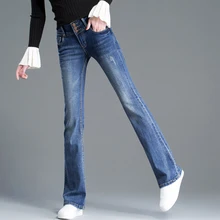 Boyfriend синие отбеленные женские джинсы клёш длинные расклешенные джинсы женские s брюки женские джинсы плюс размер